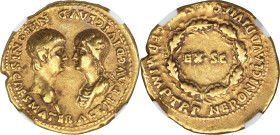 Ancients Nero, as Augustus (AD 54-68), with Agrippina Junior. AV aureus (20mm, 7.62 gm, 6h). NGC Choice VF S 4/5 - 4/5. Rome, AD 54. AGRIPP AVG DIVI C...