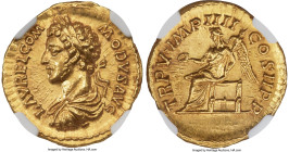 Ancients Commodus (AD 177-192). AV aureus (21mm, 7.09 gm, 12h). NGC Choice MS 5/5 - 4/5. Rome, AD 180. L AVREL COM-MODVS AVG, laureate, draped and cui...