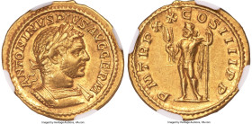 Ancients Caracalla, as Augustus (AD 198-217). AV aureus (20mm, 6.39 gm, 12h). NGC Choice XF 5/5 - 4/5, light marks. Rome, AD 217. ANTONINVS PIVS AVG G...