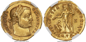 Ancients Maximinus II, as Augustus (AD 310-313). AV aureus (20mm, 5.52 gm, 5h). NGC MS S 5/5 - 5/5. Thessalonica, AD 311-313. MAXIMINV-S AVGVSTVS, lau...