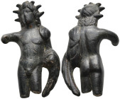 Ancient bronze figurine of Helios
(50,6g 32,9mm diameter)
Obv: Helios, radiate and nude but for chlamys draped across shoulders, standing facing, he...