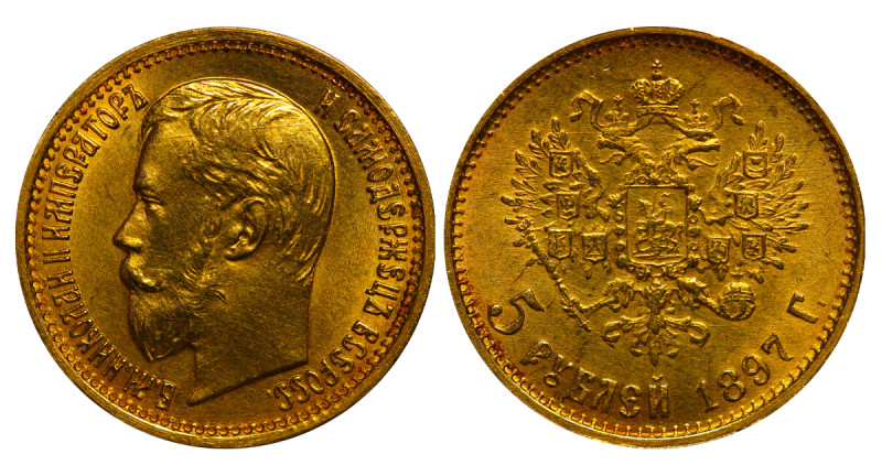 Russian Empire, Emperor Nicholas II (1894 - 1917), 5 roubles, 1897 year, Gold, 4...