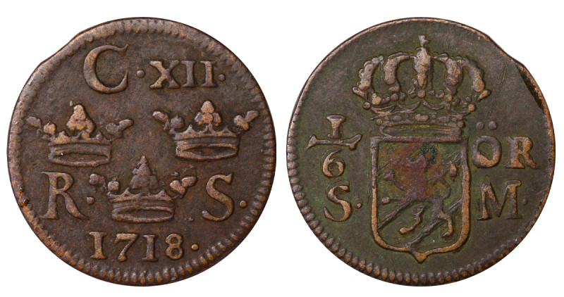 Sweden, King Charles XII (1697 - 1718), ⅙ ore silfwermynt, 1718 year, Copper, 3,...