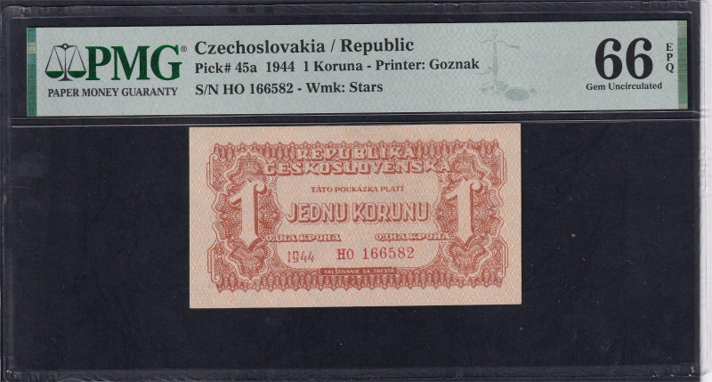 Czechoslovakia / Republic, 1 Koruna - Printer: Goznak, 1944, Gem UNC 66, TOP POP...
