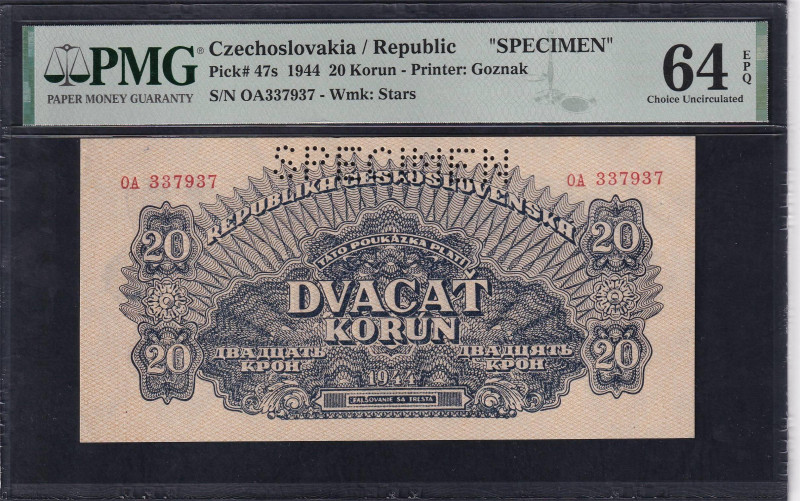 Czechoslovakia / Republic, '' SPECIMEN'', 20 Korun - Printer: Goznak, 1944, Choi...