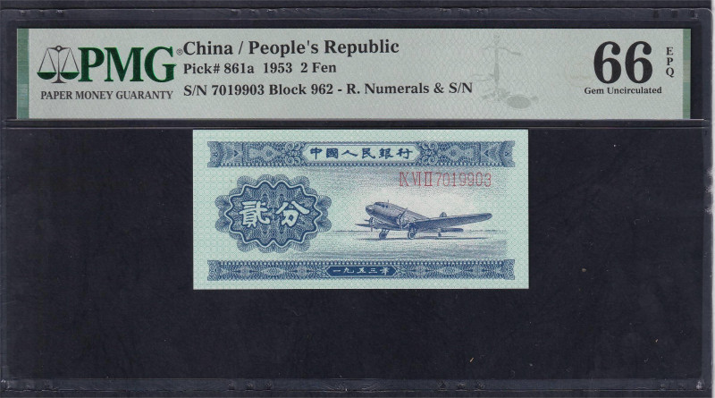 China / People's Republic, 2 Fen, 1953, Gem UNC 66 EPQ, Pick: 861a