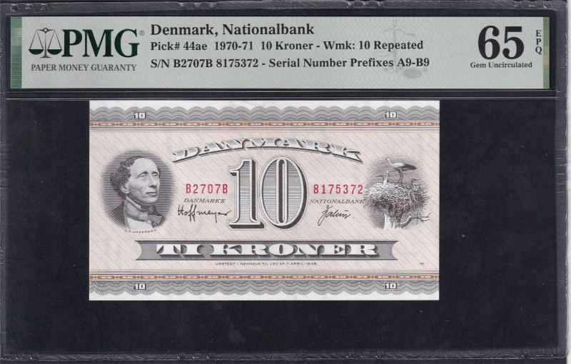 Denmark, Nationalbank, 10 Kroner - Wmk, 1970-71, Gem UNC 65 EPQ, Pick: 44ae