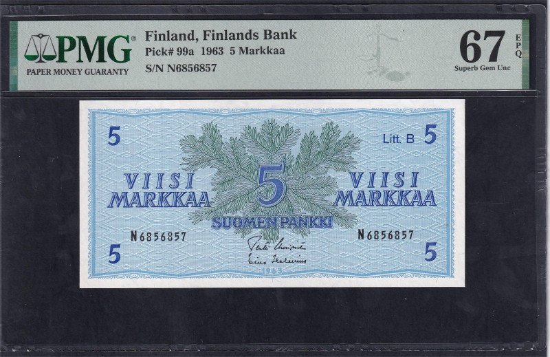 Finland, Finlands Bank, 5 Markkaa, 1963, Superb Gem UNC 67 EPQ, TOP POP, Pick: 9...