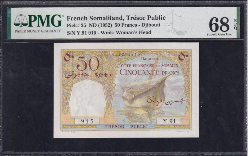 French Somaliland, Tresor Public, 50 Francs - Djibouti, 1952, Superb Gem UNC 68 ...