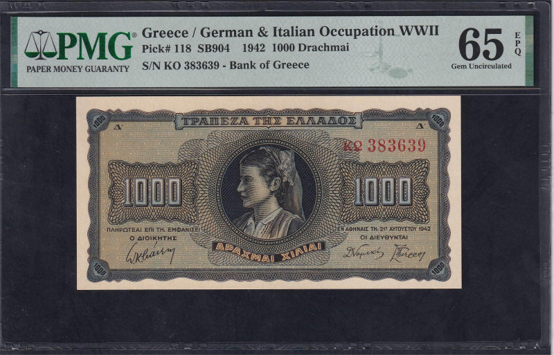 Greece, German & Italian Occupation WWII, 1000 Drachmai, 1942, Gem UNC 65 EPQ, P...