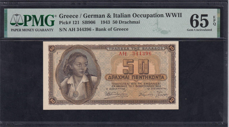 Greece, German & Italian Occupation WWII, 50 Drachmai, 1943, Gem UNC 65 EPQ, Pic...