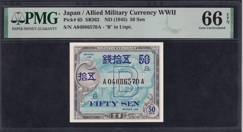 Japan, Allied Military Currency WWII, 50 Sen, 1945, Gem UNC 66 EPQ, Pick: 65