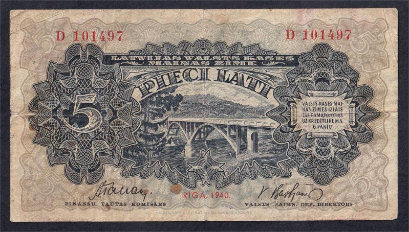 Latvia, Latvijas Valsts Kases, 5 Lati, 1940, VF, Pick: 34b
