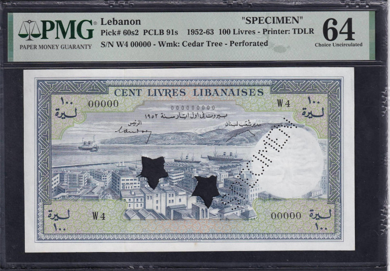 Lebanon, 100 Livres - Printer: TDLR, 1952-63, Choice UNC 64, SPECIMEN, Pick: 60s...