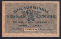 Lithuania, 1 Centas, 1922, F