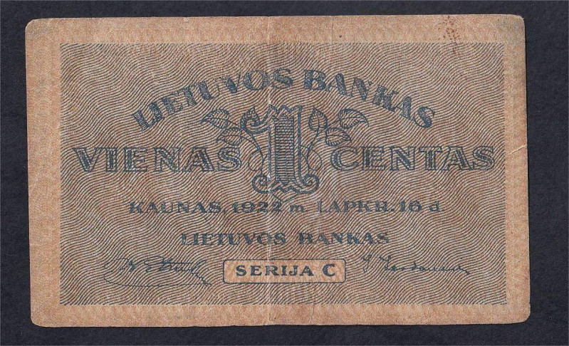 Lithuania, Lietuvos Bankas, Serija C, 1 Centas, 1922, F, Pick: 7