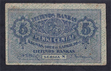 Lithuania, 5 Centai, 1922, VG