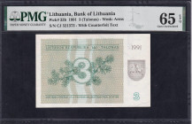 Lithuania, 3 Talonas, 1991, Gem UNC 65 EPQ