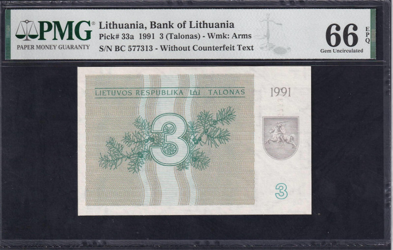 Lithuania, Bank of Lithuania, 3 Talonas - Wmk: Arms, 1991, Gem UNC 66 EPQ, Pick:...