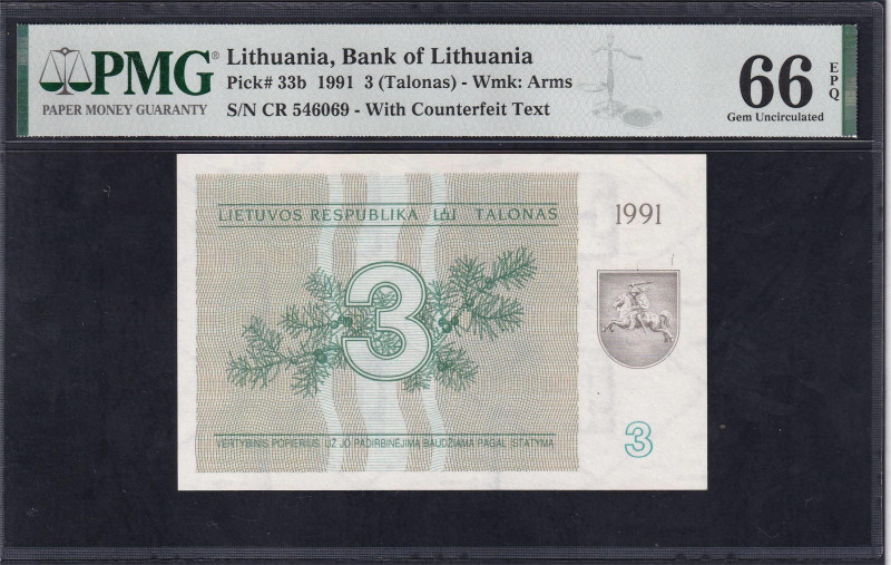 Lithuania, Bank of Lithuania, 3 Talonas - Wmk: Arms, 1991, Gem UNC 66 EPQ, Pick:...