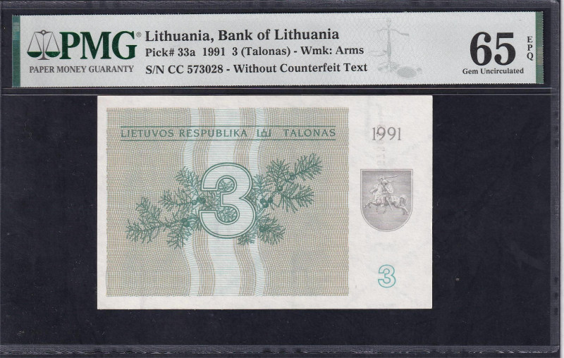 Lithuania, Bank of Lithuania, 3 Talonas - Wmk: Arms, 1991, Gem UNC 65 EPQ, Pick:...