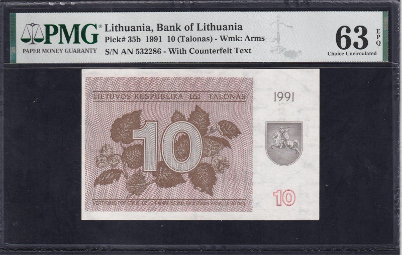 Lithuania, Bank of Lithuania, 10 Talonas - Wmk: Arms, 1991, Choice UNC 63 EPQ, P...