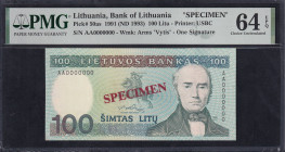 Lithuania, 100 Litu, 1991, Choice UNC 64 EPQ, SPECIMEN