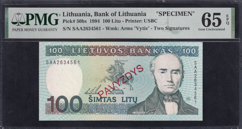 Lithuania, Bank of Lithuania, 100 Litu - Printer: USBC, 1994, Gem UNC 65 EPQ, SP...