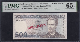 Lithuania, 500 Litu, 1991, Gem UNC 65 EPQ, SPECIMEN