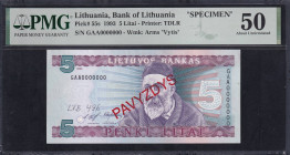 Lithuania, 5 Litai, 1993, About UNC 50, ''SPECIMEN''