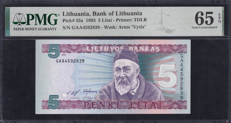 Lithuania, Bank of Lithuania, 5 Litai - Printer: TDLR, 1993, Gem UNC 65 EPQ, Pic...