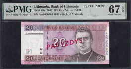 Lithuania, 20 Litu, 2007, Superb Gem UNC 67 EPQ,  ''SPECIMEN''