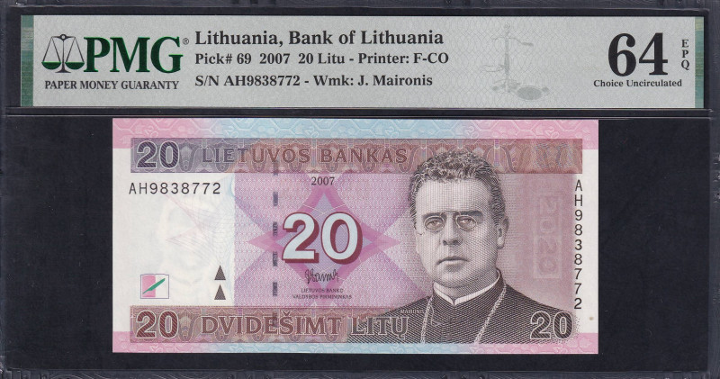Lithuania, Bank of Lithuania, 20 Litu - Printer F-CO, 2007, Choice UNC 64 EPQ, P...