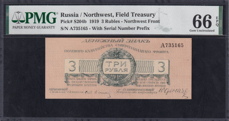 Russia, Northwest, Field Treasury, 3 Rubles - Northwest Front, 1919, Gem UNC 66 ...