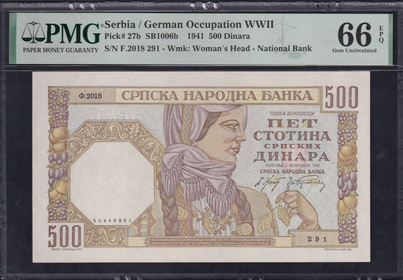 Serbia, German Occupation WWII, 500 Dinara, 1941, Gem UNC 66 EPQ, Pick: 27b
