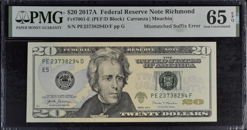 USA, Federal Reserve Note Richmond, 20 Dollars, 2017, Gem UNC 65 EPQ, Mismatched...