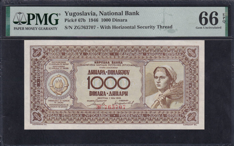 Yugoslavia, National Bank, 1000 Dinara, 1946, Gem UNC 66 EPQ, Pick: 67b