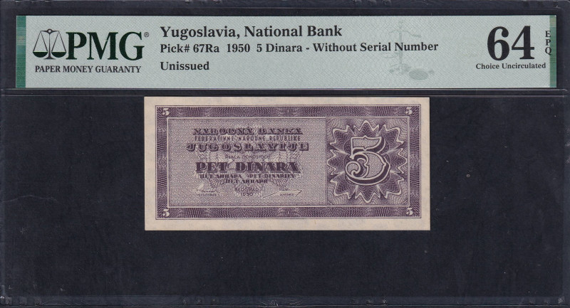 Yugoslavia, National Bank, 5 Dinara - Without Serial Number, 1950, Choice UNC 64...