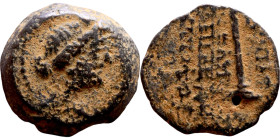 Uncertain ruler (Seleukid kings: III – I BC_ Bronze. Obverse: Bust of Apollo. Reverse: Tripod