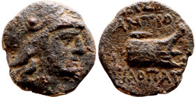 Uncertain ruler (Seleukid Kings: III- I BC) bronze coin. Obv: Bust of Athena. Rev:  Prow of a galley.