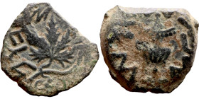 JUDAEA. Jerusalem mint. First Jewish Revolt (66-70 AD). AE prutah. Obv.: Two handled amphora. Rev.: vine leaf on small branch, bears the legend "for t...