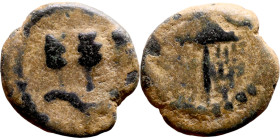 JUDAEA. Jerusalem mint. Agrippa I (under Claudius, 37-44 AD). AE prutah. Obv.: ΒΑCΙΛΕWC ΑΓΡΙΠΑ; Umbrella-like canopy with fringes. Rev.: Three ears of...