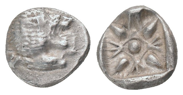 IONIA. Miletos. (Circa 525-475 BC). AR. Obol. Obv : Forepart of lion right, head...