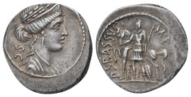 P. LICINIUS CRASSUS M.F. Denarius (55 BC). Rome. Obv: Diademed and draped bust of Venus right; S C to left. Rev: P CRASSVS M F. Soldier standing left,...