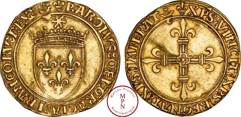 France, Charles VIII (1483-1498), Écu d'or au soleil, 1ere émission, lys initiau...