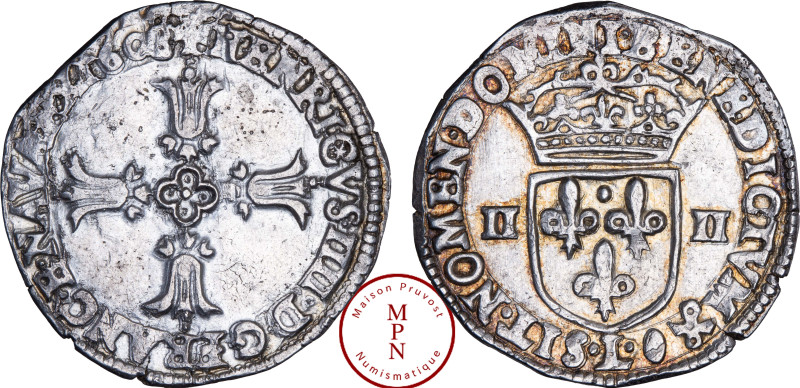 France, Henri IV (1589-1610), Quart d'écu, 3e type avec croix aux bras fleuronné...