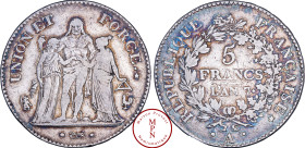 Ire République (1795-1803), 5 Francs Union et Force sans virole, AN 7, A, Paris, Serrée, Av. UNION ET FORCE, Hercule au centre, unit la Liberté à gauc...