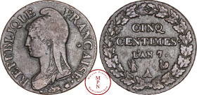 Ire République (1795-1803), 5 Centimes, Dupré, Grand module, AN 7, A, Paris, 7 sur 5, Av. REPUBLIQUE FRANCAISE, Buste à gauche, coiffé d'un bonnet phr...