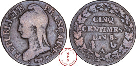 Ire République (1795-1803), 5 Centimes, Dupré, Grand module, AN 8, A, Paris, Av. REPUBLIQUE FRANCAISE, Buste à gauche, coiffé d'un bonnet phrygien, Rv...