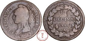 Ire République (1795-1803), 1 Décime Dupré, Refrappage du 2 décimes, AN 5, A, Paris, Av. REPUBLIQUE FRANCAISE, Buste à gauche, coiffé d'un bonnet phry...